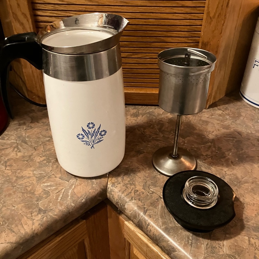 Corning Ware White Coffee percolator with BlueFloral Design
